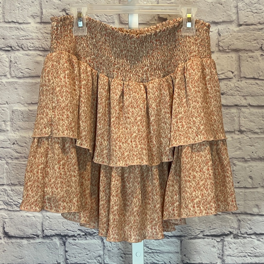 Forever 21 Women's L Beige Floral Smocked Ruffle Skirt Boho Cottagecore